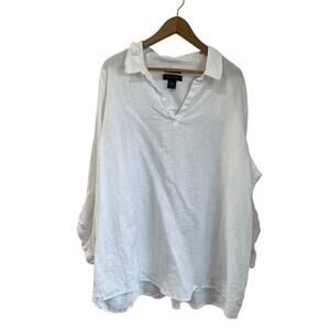 Tahari 3X White 100% Linen Blouse Mother-of-Pearl Button Back Oversized Fit